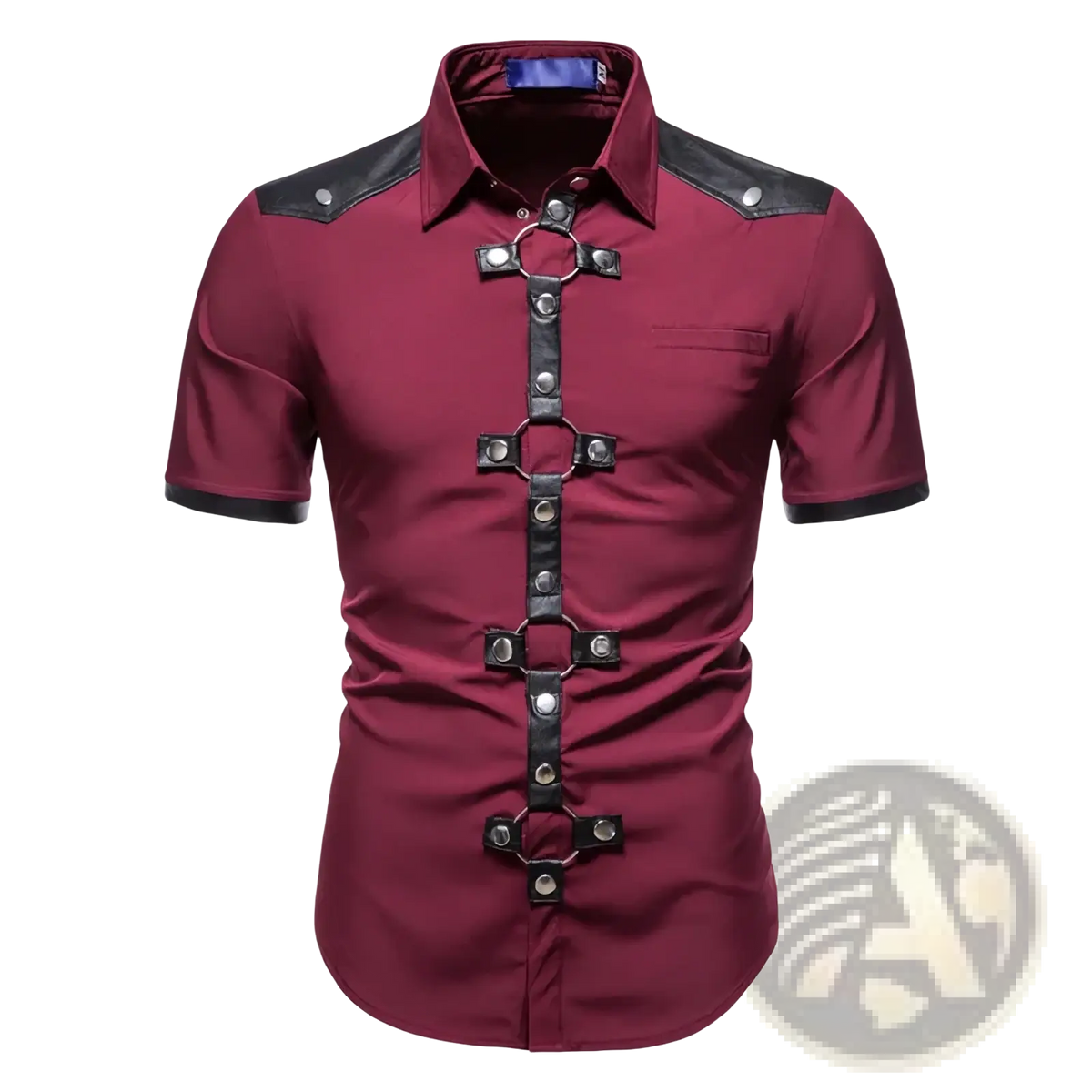 Goth short sleeve dress shirt in maroon with black leather shoulder accents and black metal ring front closure