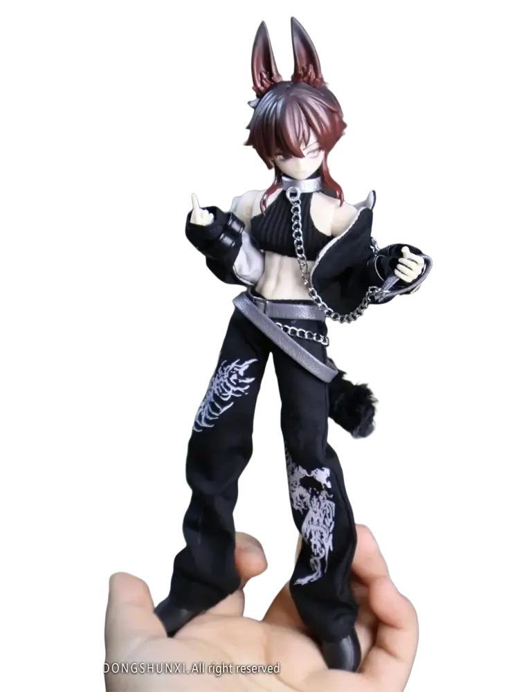 Black and silver gothic anime figurine finished goods with fox ears and white tribal patterns on black pants