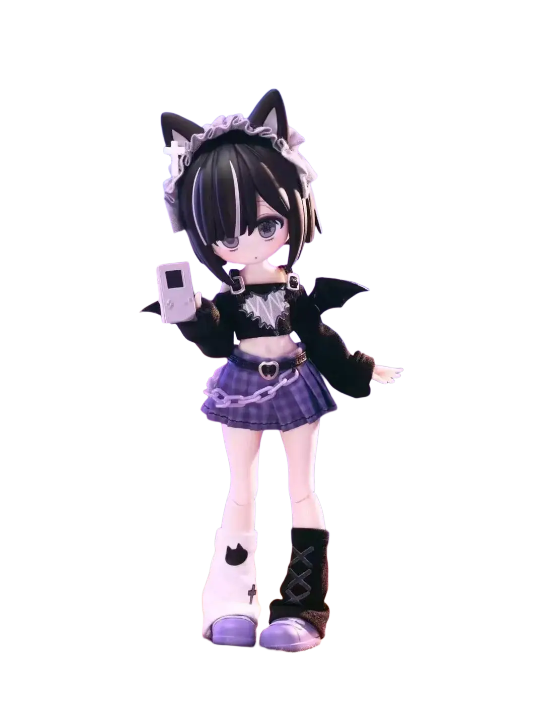 Black and white cat-ear headband with lace trim as finished goods accessory for gothic anime figurine collectible doll