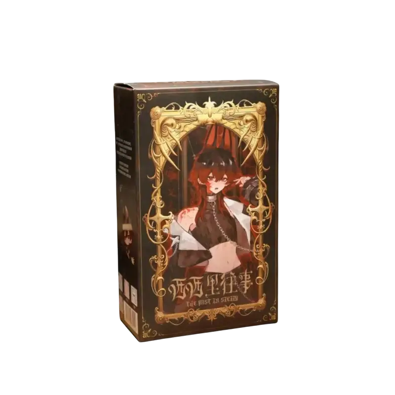 Dark brown rectangular finished goods box with ornate gold frame featuring gothic anime figurine illustration