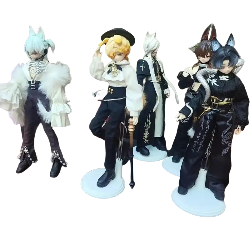 Five gothic anime figurine finished goods collectible dolls with detailed costumes standing on white circular bases