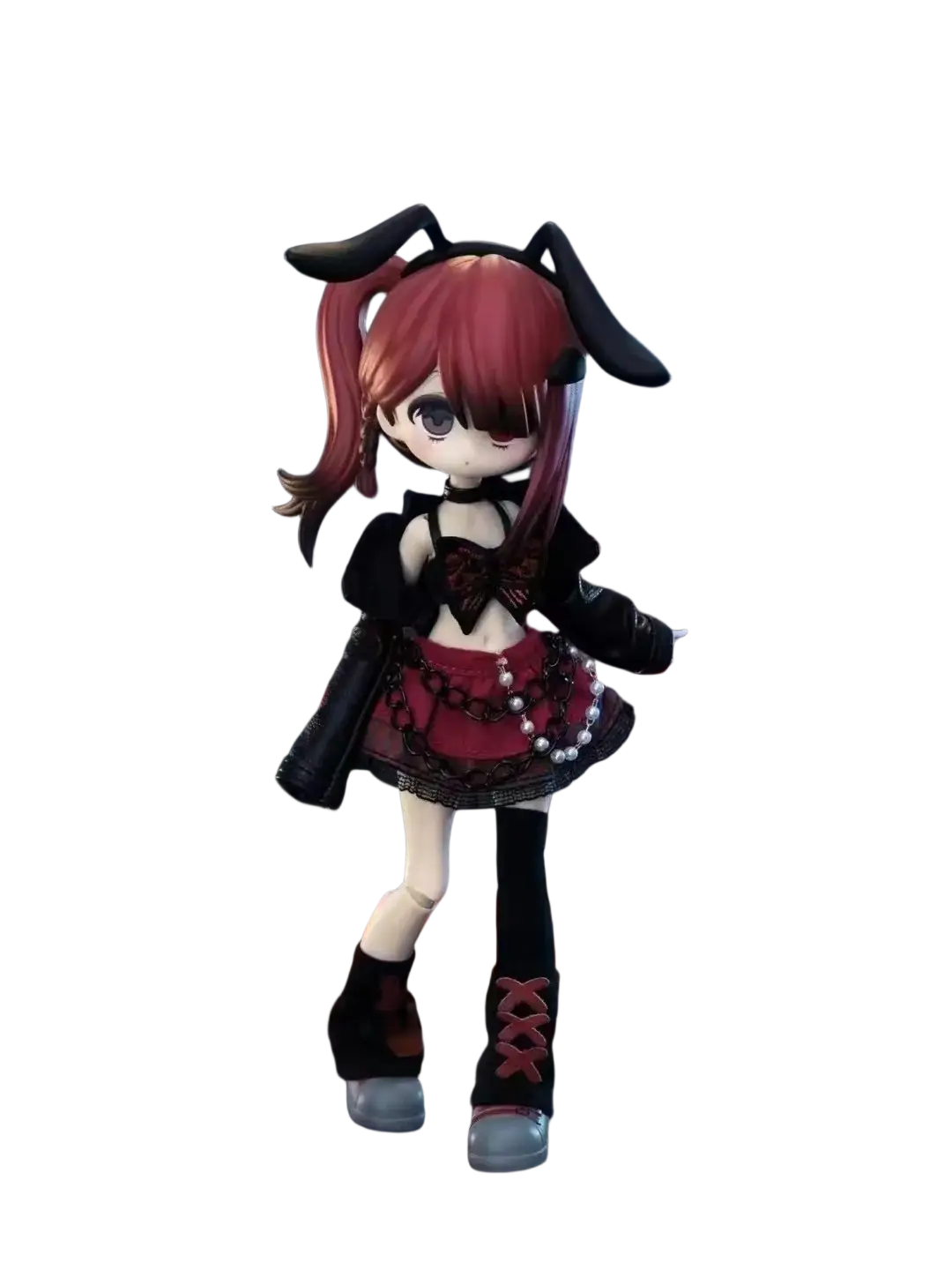 Gothic anime finished goods doll with red hair, black bunny ears, and black red lace outfit with pearl accents