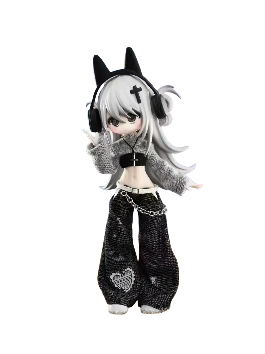 Gothic anime finished goods collectible doll with silver and black design, white hair, gray knit top, and headphones with cat ears