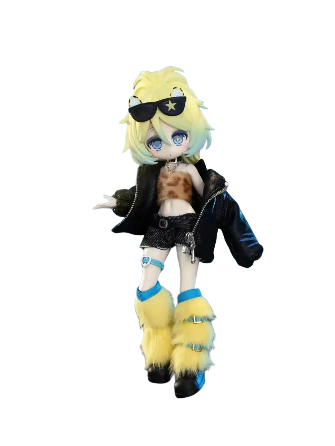 Stylized gothic anime finished goods collectible doll with blonde hair, black leather jacket, and yellow furry boots