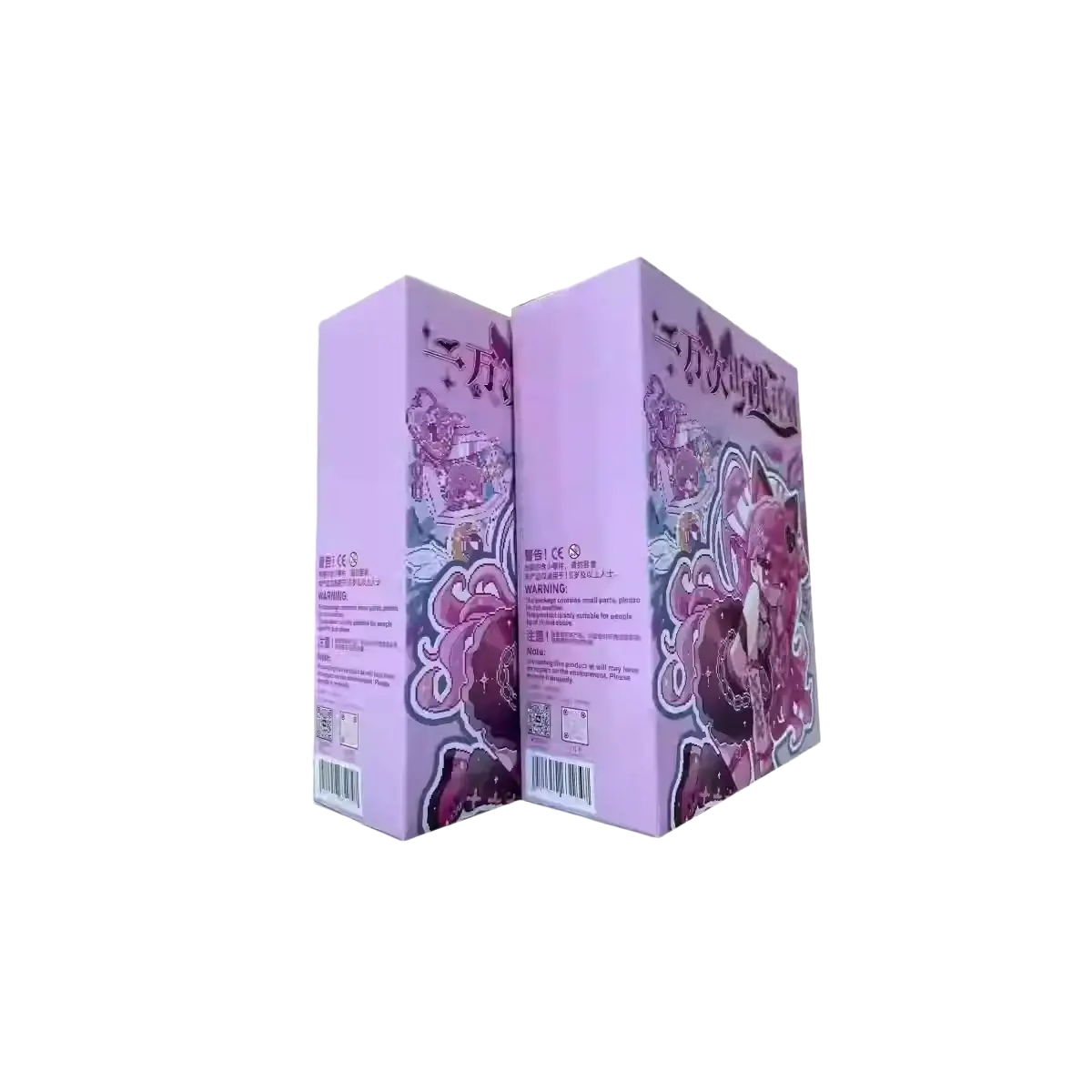 Two lavender finished goods blind boxes featuring gothic anime figurine collectible dolls with character illustrations
