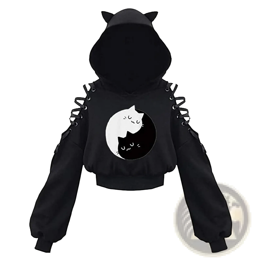 Black gothic cat ear cold shoulder cropped hoodie with lace-up sleeves and yin-yang sleeping cat design