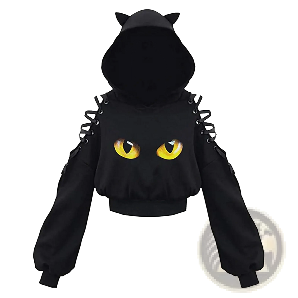 Black cat-themed gothic cropped hoodie with glowing yellow eyes and lace-up shoulder details in black fabric