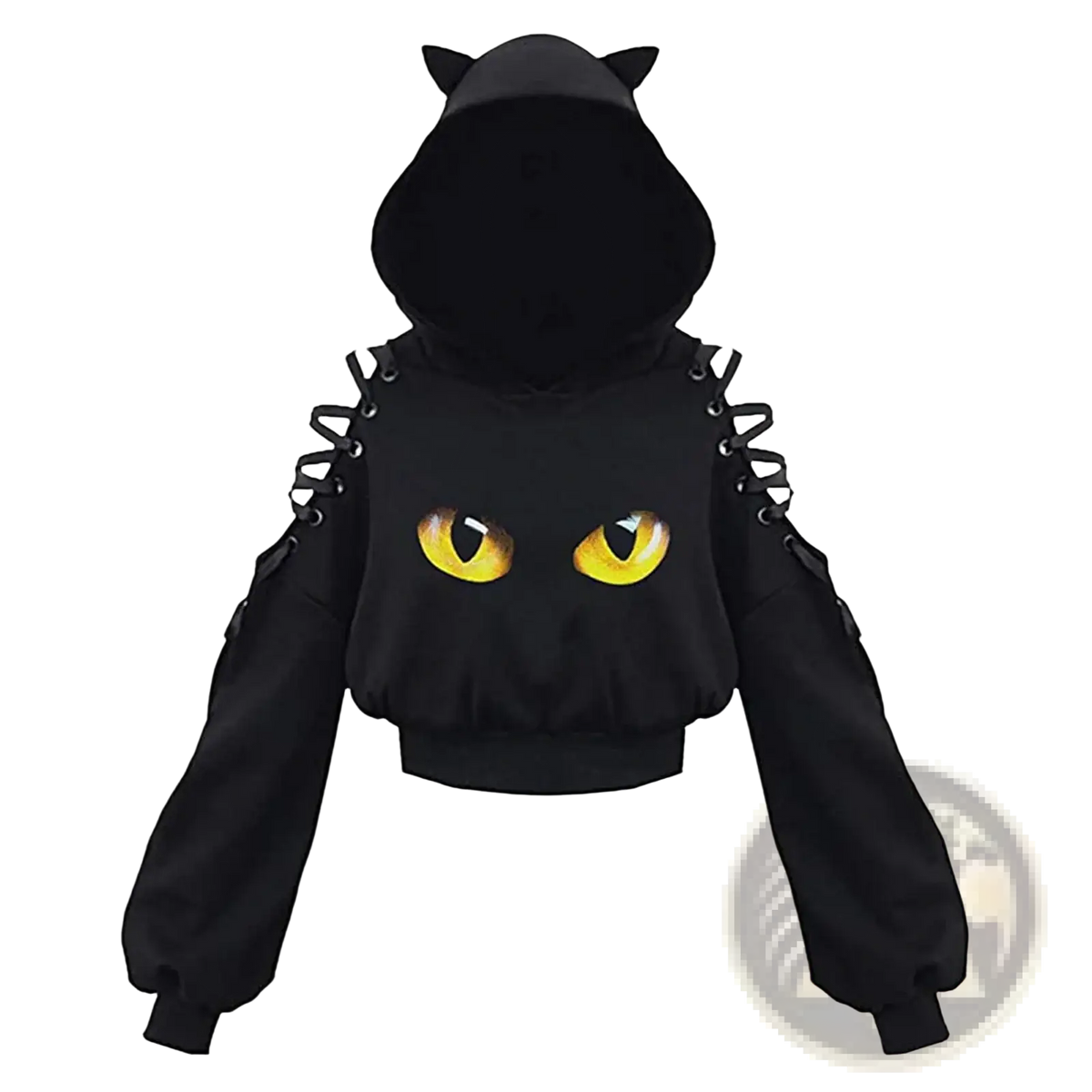 Black cat-themed gothic cropped hoodie with glowing yellow eyes and lace-up shoulder details in black fabric