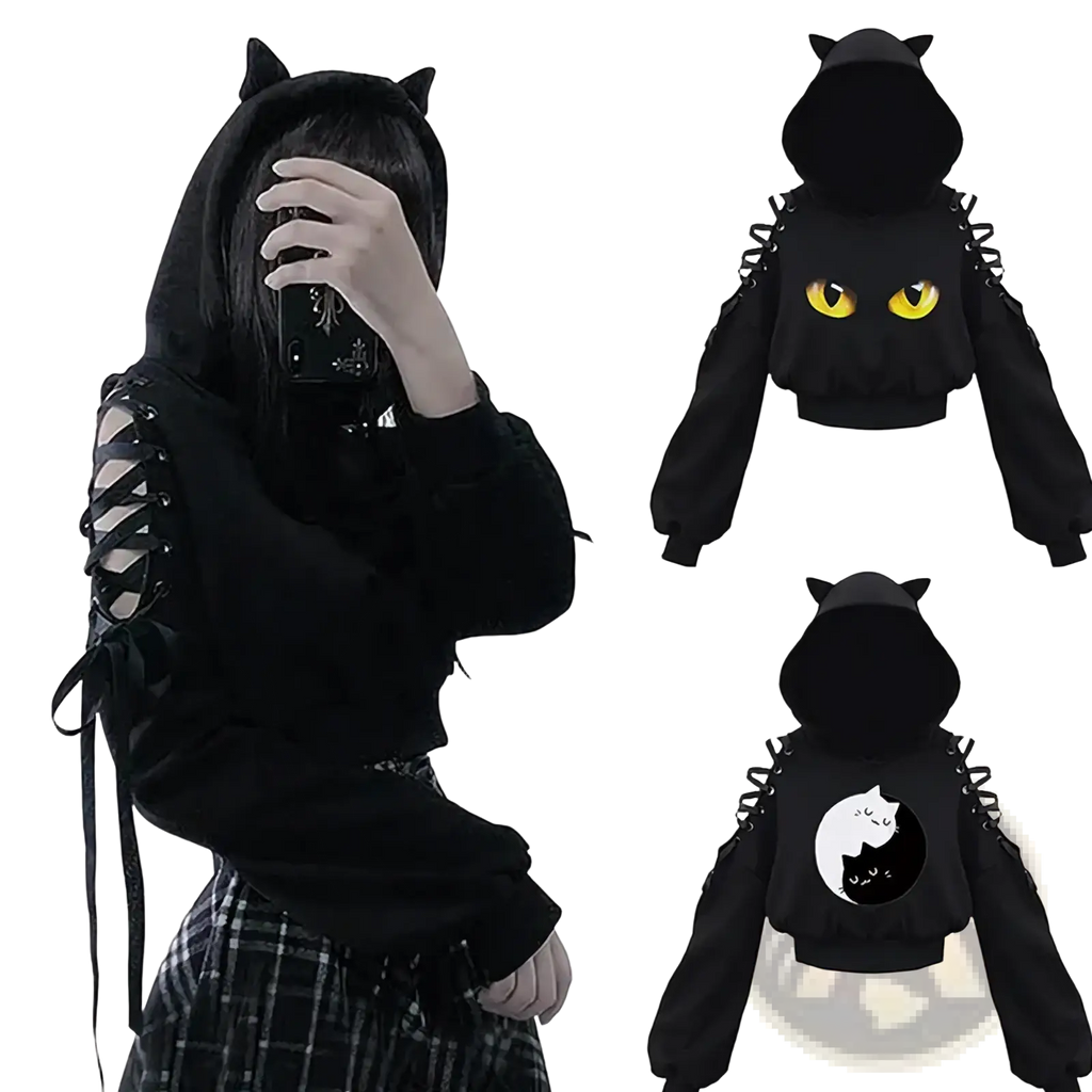 Gothic cat ear cold shoulder black hoodie with lace-up sleeves and glowing yellow eyes graphic on front