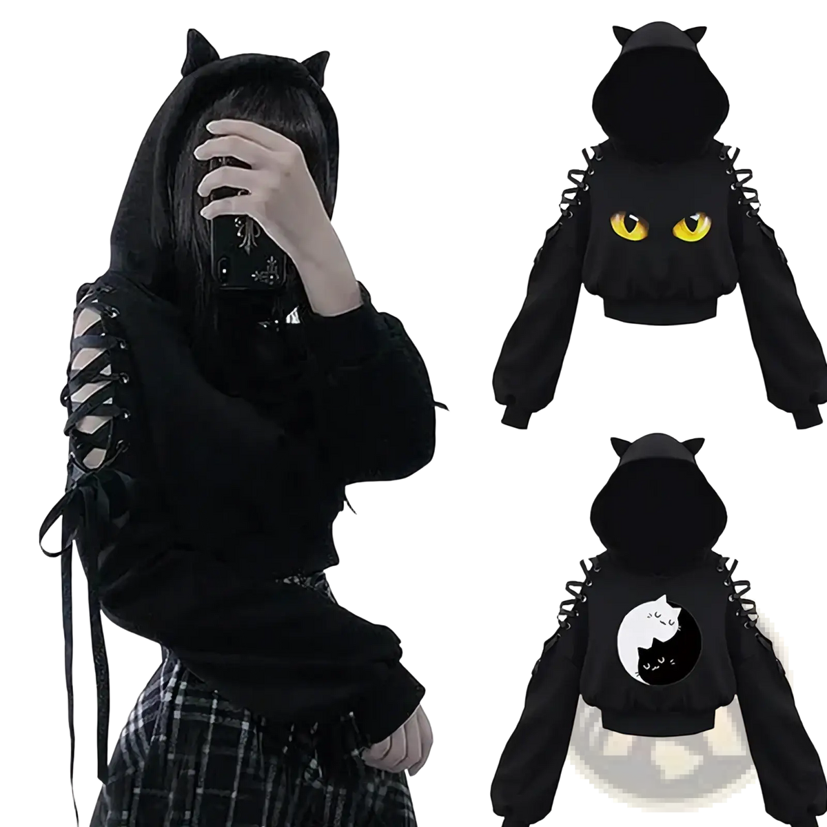 Gothic cat ear cold shoulder black hoodie with lace-up sleeves and glowing yellow eyes graphic on front