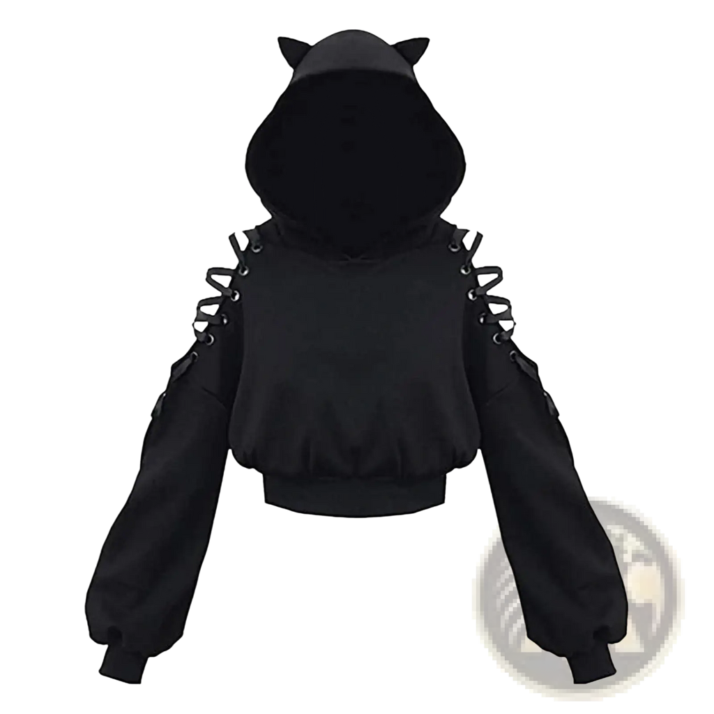 Black gothic cat ear cold shoulder hoodie with lace-up shoulder straps and a cropped silhouette in soft fabric