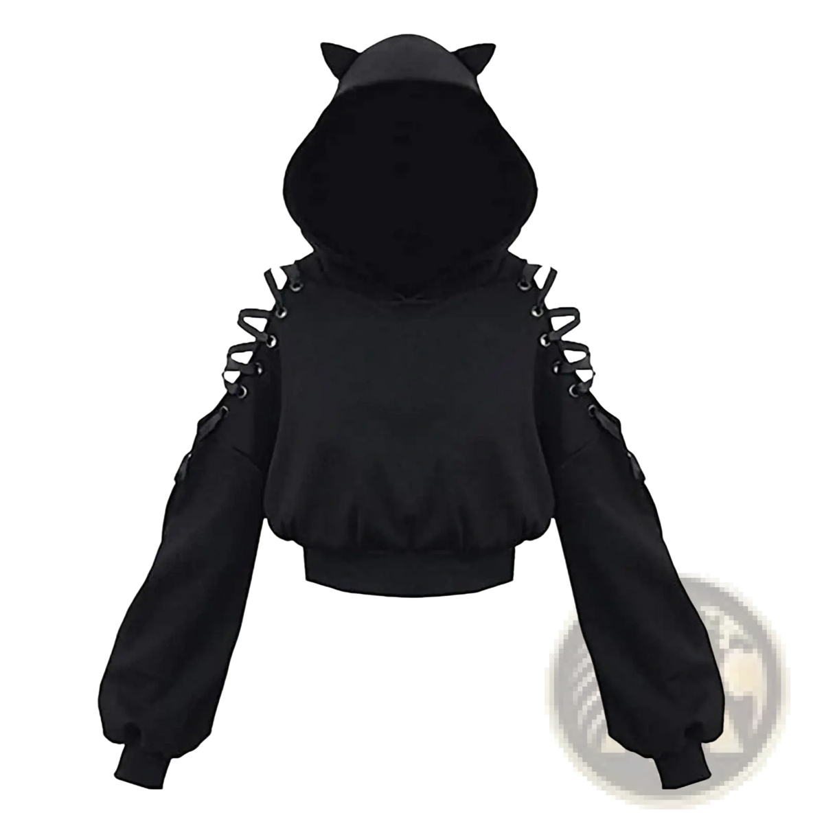 Black gothic cat ear cold shoulder hoodie with lace-up shoulder straps and a cropped silhouette in soft fabric
