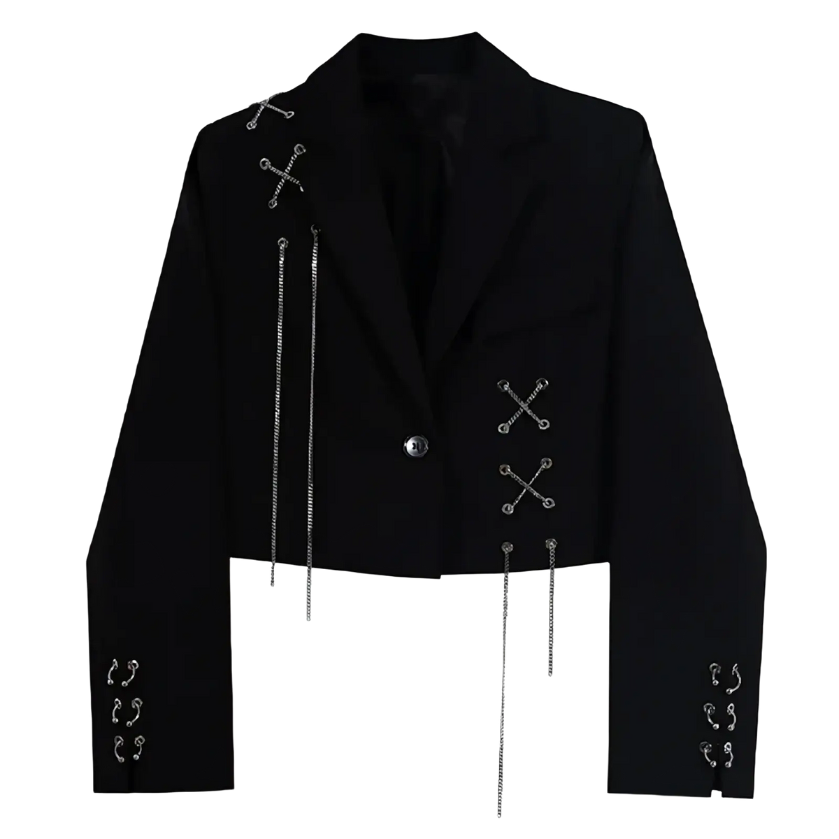 Black gothic chain cropped blazer featuring silver chain and cross-stitch detailing for edgy fashion