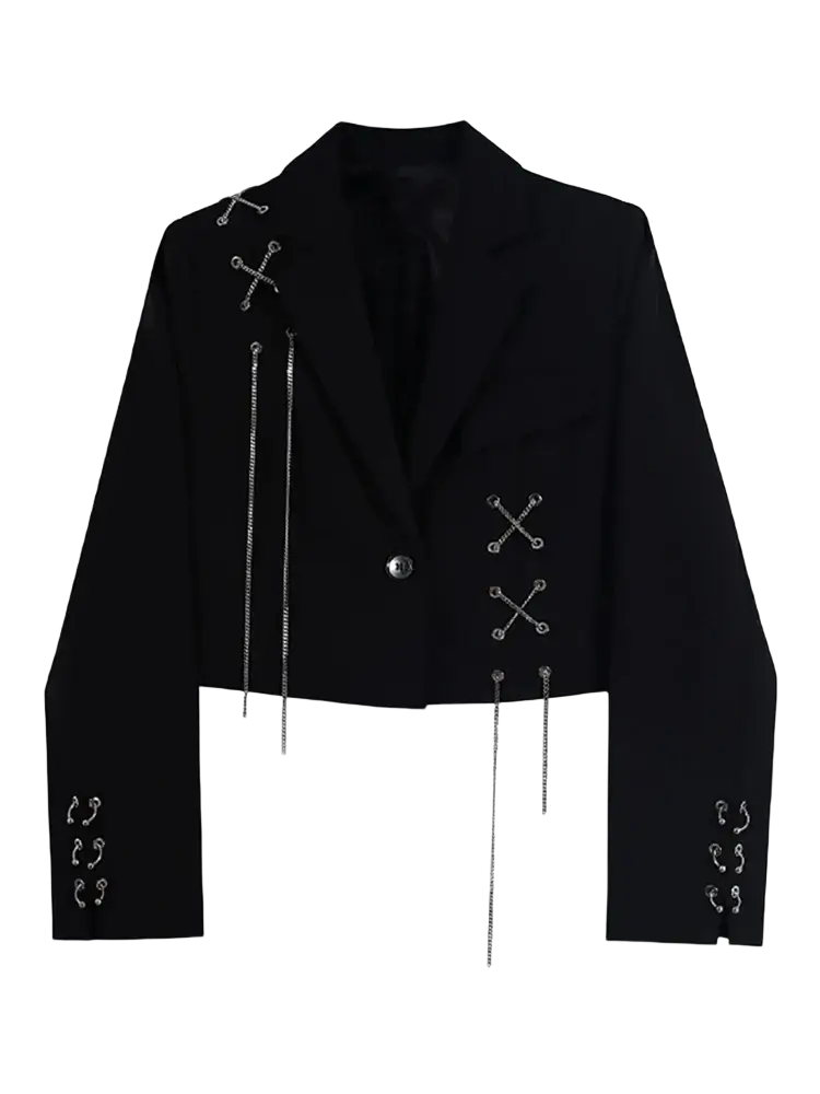 Black cropped blazer featuring silver chain detailing and decorative x-shaped metal clasps in gothic style