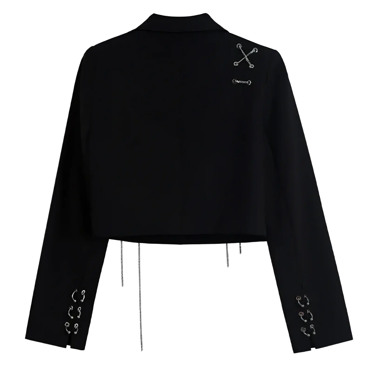 Black cropped blazer with long sleeves featuring silver metallic pin and chain embellishments on shoulders and cuffs