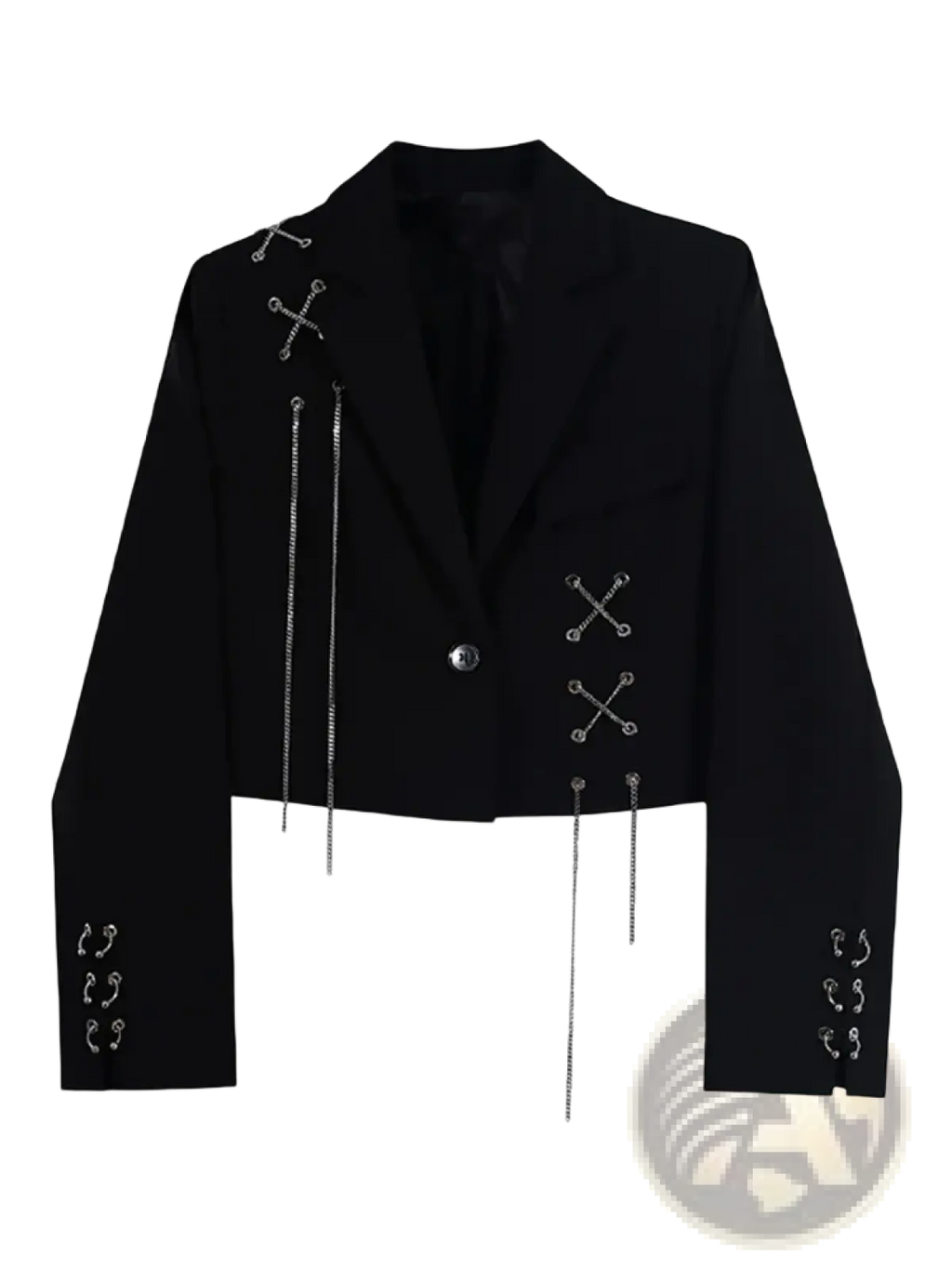 Black cropped blazer featuring silver chain detailing and decorative x-shaped metal clasps in gothic style