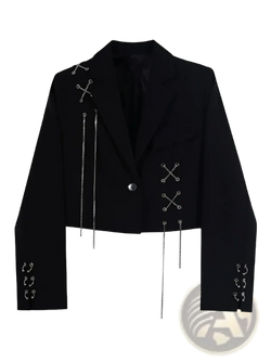 Black cropped blazer featuring silver chain detailing and decorative x-shaped metal clasps in gothic style