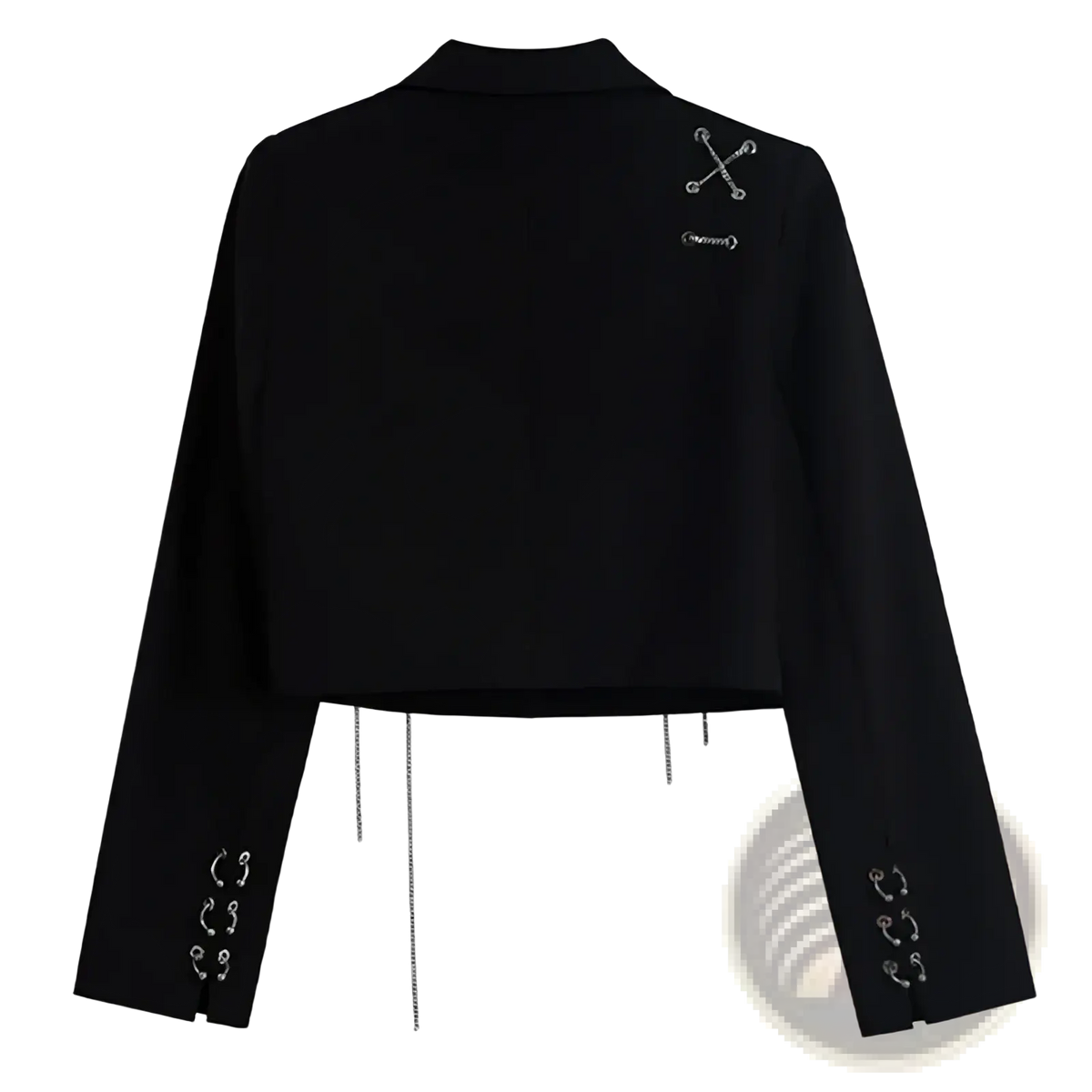 Black cropped blazer with long sleeves featuring silver metallic pin and chain embellishments on shoulders and cuffs