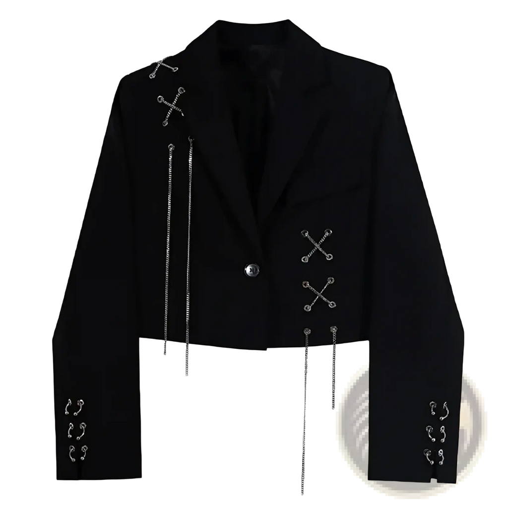 Black gothic chain cropped blazer featuring silver chain and cross-stitch detailing for edgy fashion