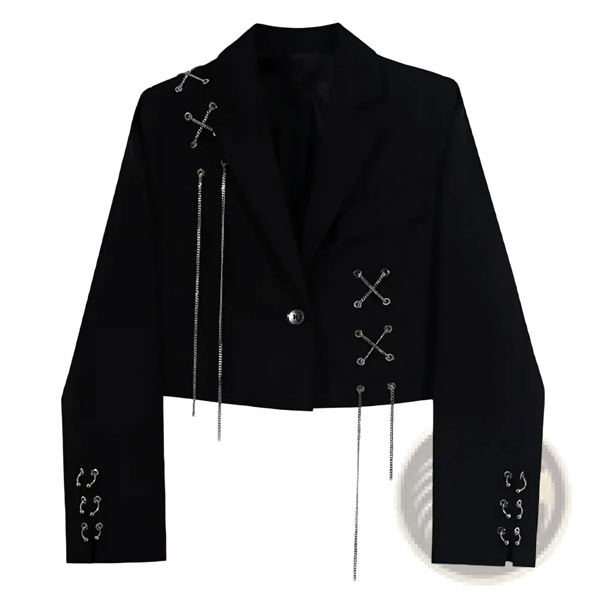 Black gothic chain cropped blazer featuring silver chain and cross-stitch detailing for edgy fashion