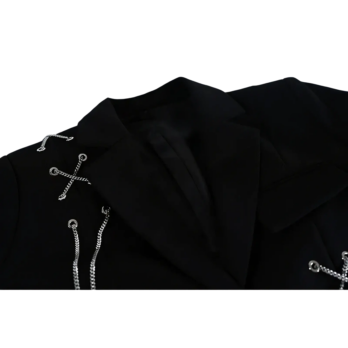 Black gothic chain cropped blazer featuring silver chain detailing on the shoulders in a structured design
