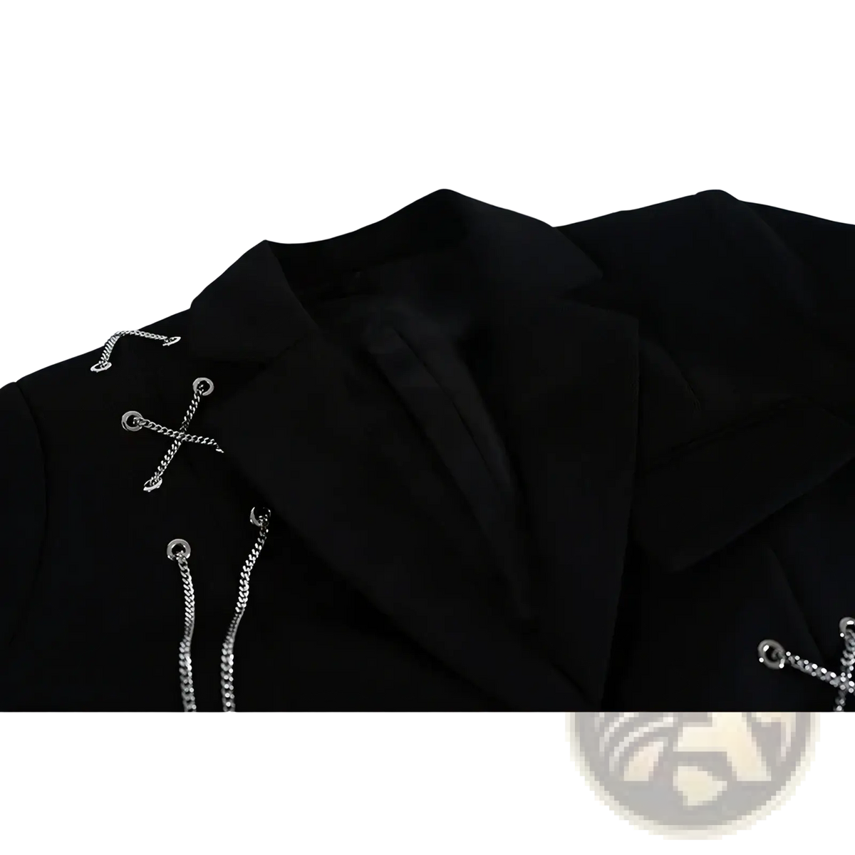 Black gothic chain cropped blazer featuring silver chain detailing on the shoulders in a structured design