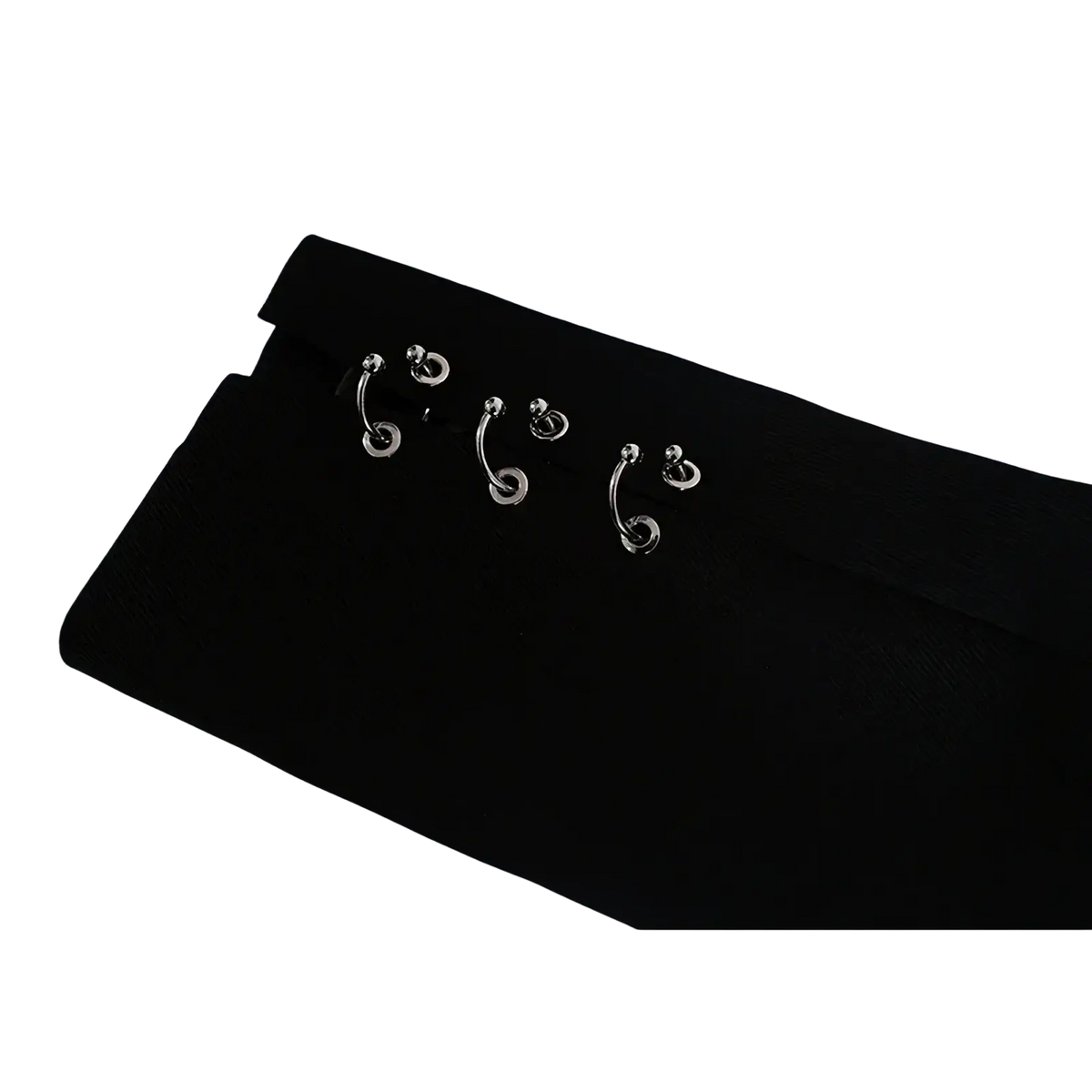 Set of four silver-toned curved barbell nose rings with spherical ends displayed on black velvet for gothic chain cropped blazer