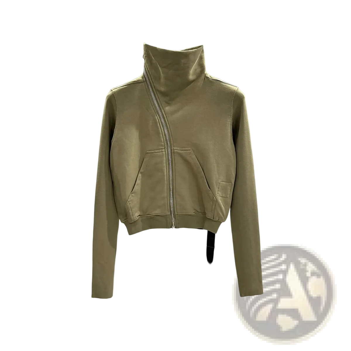 Beige gothic cropped zip jacket with high collar and front pockets hanging on a metal rack