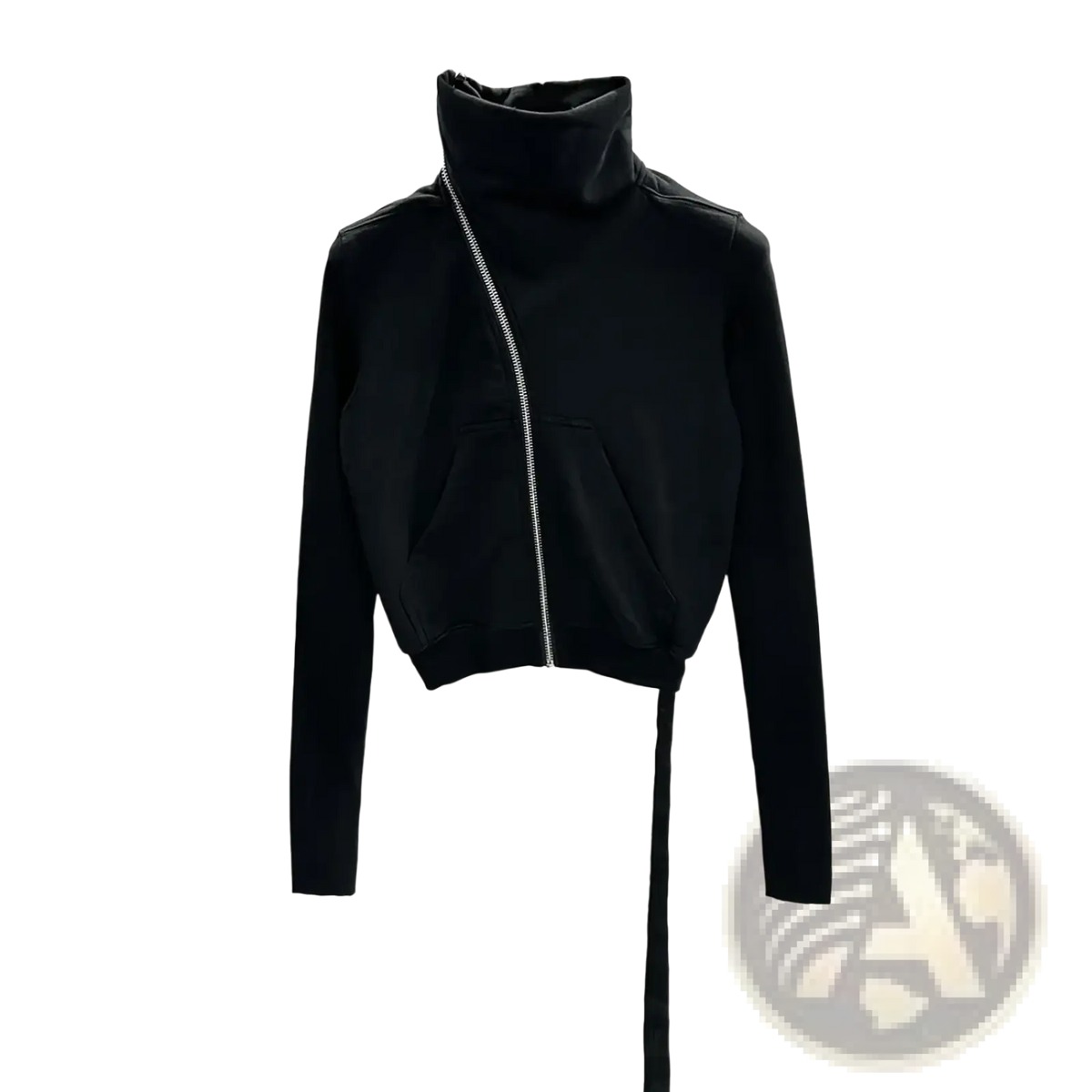 Black gothic cropped zip jacket with high collar and asymmetrical silver zipper in leather fabric