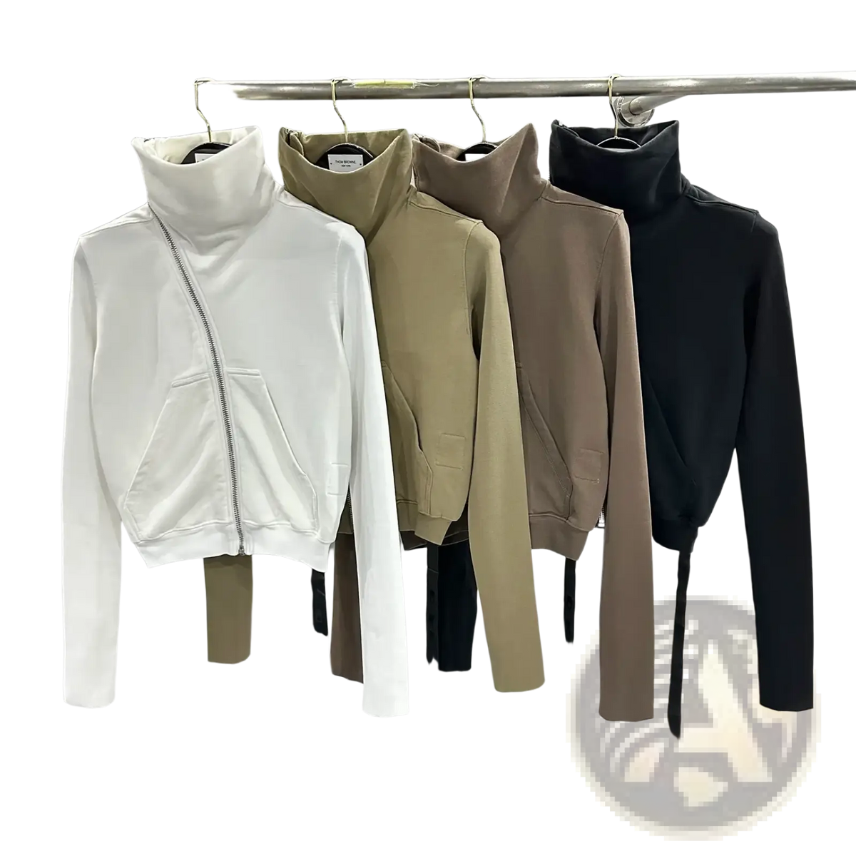 Gothic cropped zip jacket in white beige taupe and black with high neck satin fabric long sleeves and front pockets