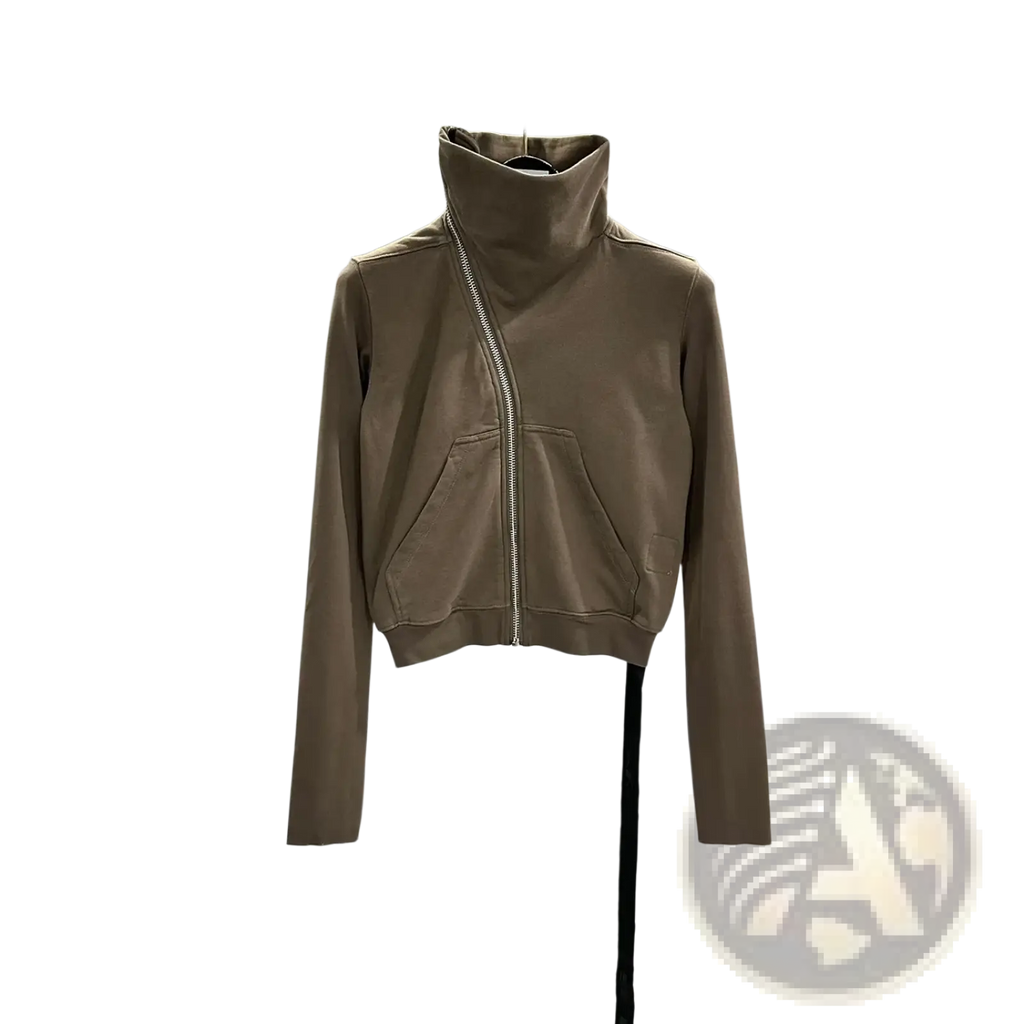 Gothic taupe cropped zip jacket with high neck diagonal zipper and front pockets in a soft fabric
