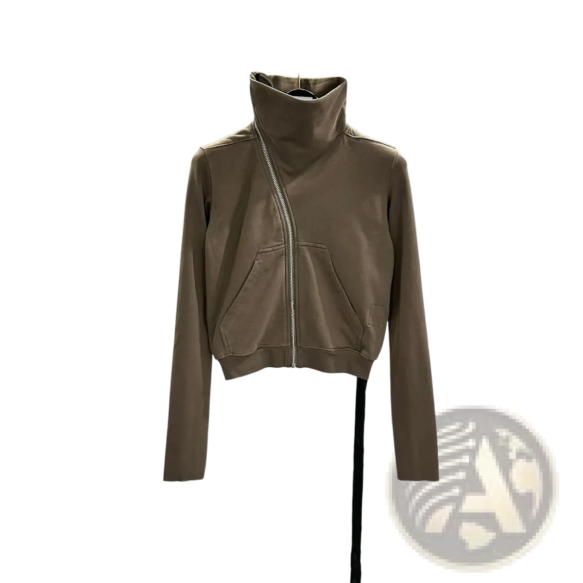 Gothic taupe cropped zip jacket with high neck diagonal zipper and front pockets in a soft fabric