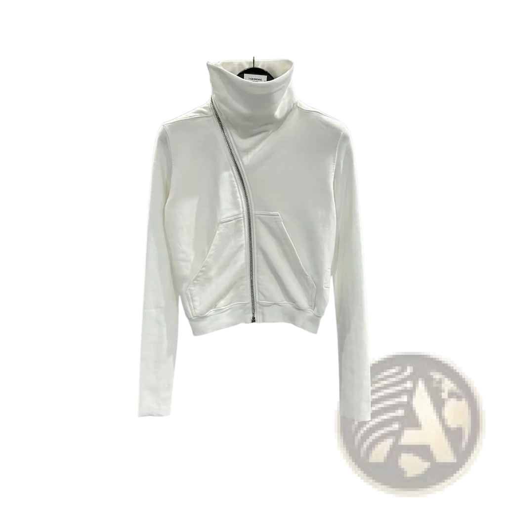 White gothic cropped zip jacket with high collar long sleeves and front pocket made from soft fabric