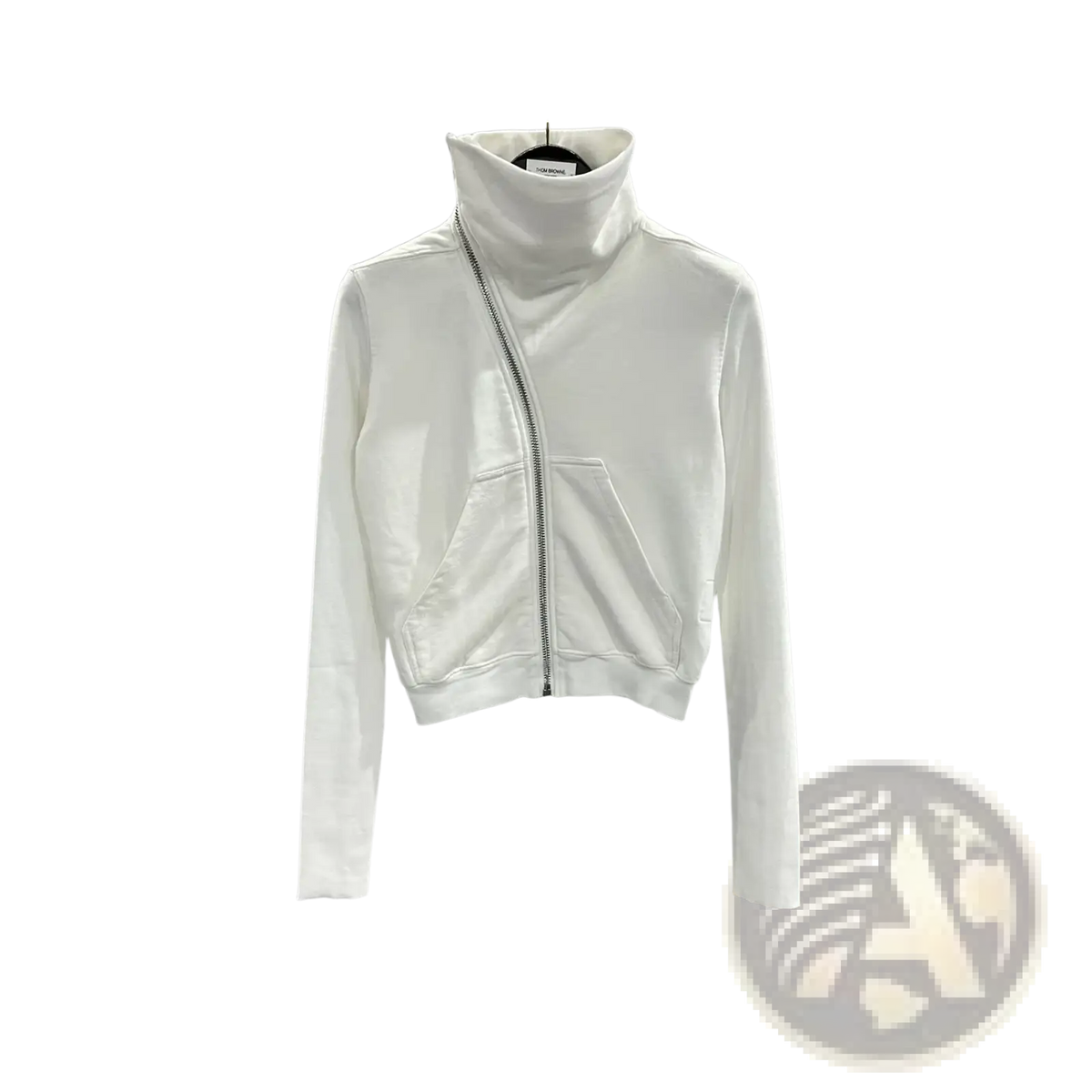 White gothic cropped zip jacket with high collar long sleeves and front pocket made from soft fabric