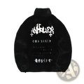 Black velvet gothic faux fur embroidered coat featuring white gothic-style lettering on the back side