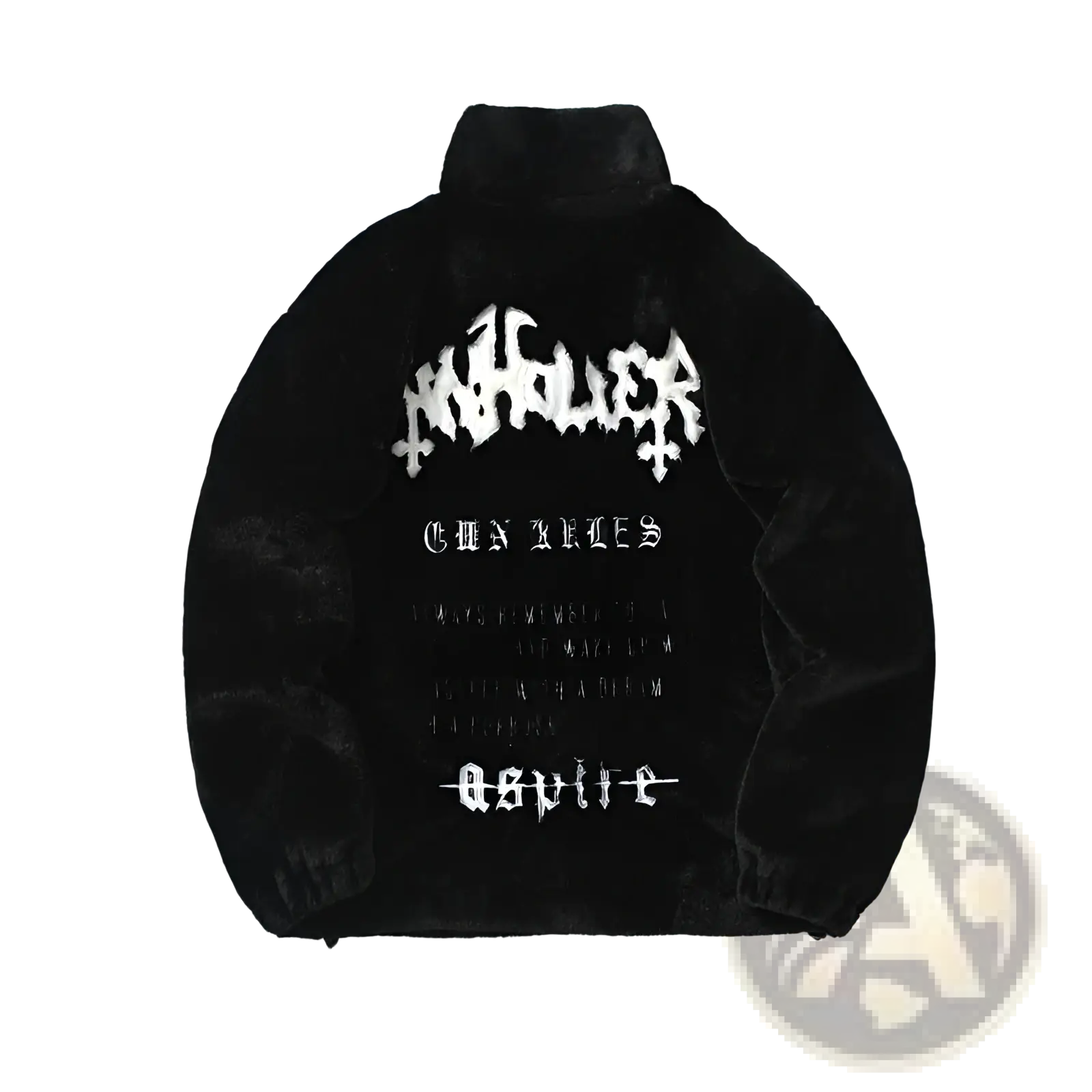 Black velvet gothic faux fur embroidered coat with white gothic-style lettering on the back side
