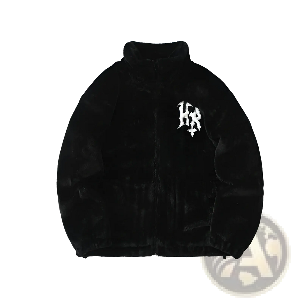 Black gothic faux fur jacket with white embroidered hr logo on left chest in velvet coat style