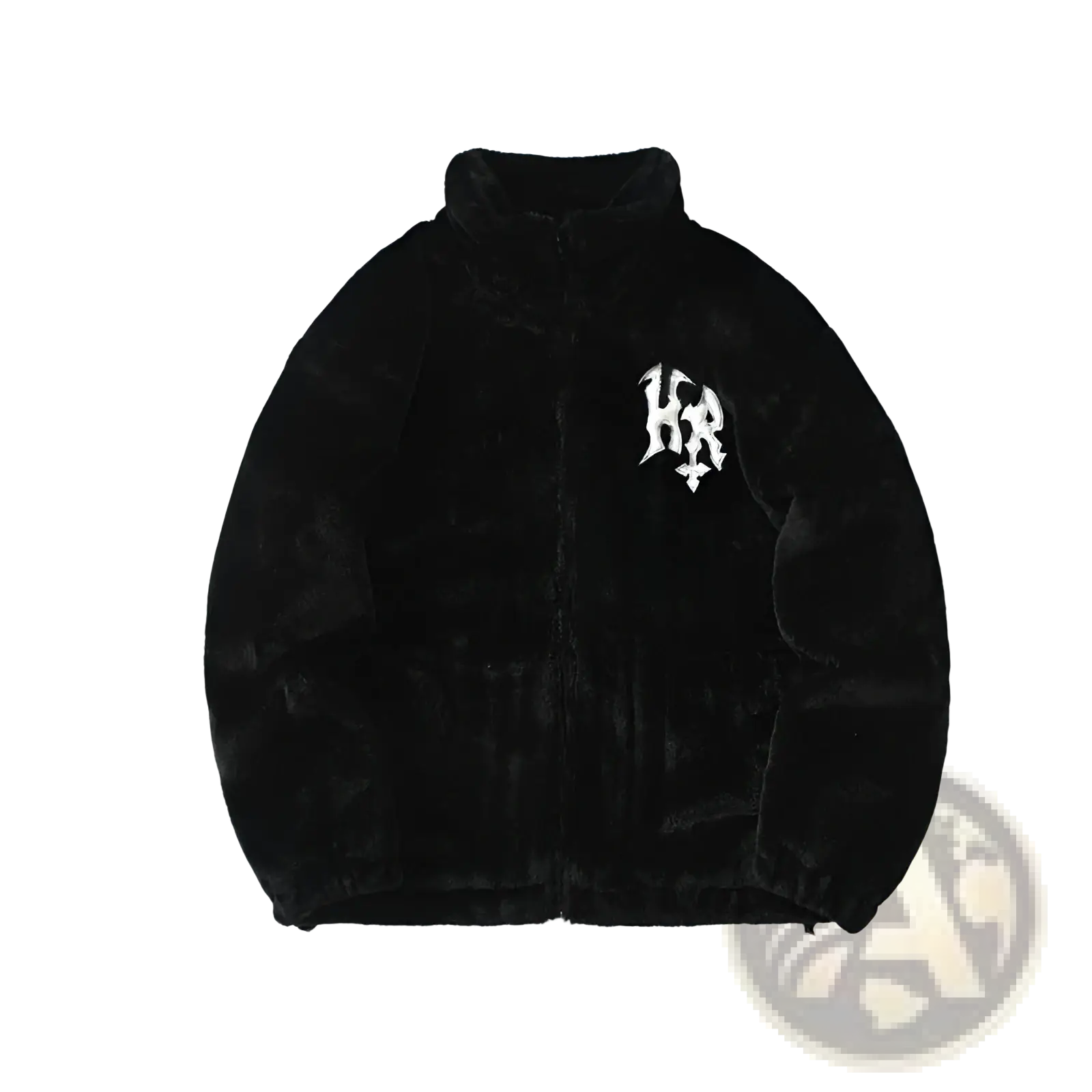 Black gothic faux fur jacket with white embroidered hr logo on left chest in velvet coat style