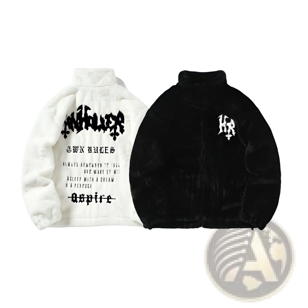 White and black gothic faux fur embroidered velvet puffer jackets with back lettering and chest logo patch