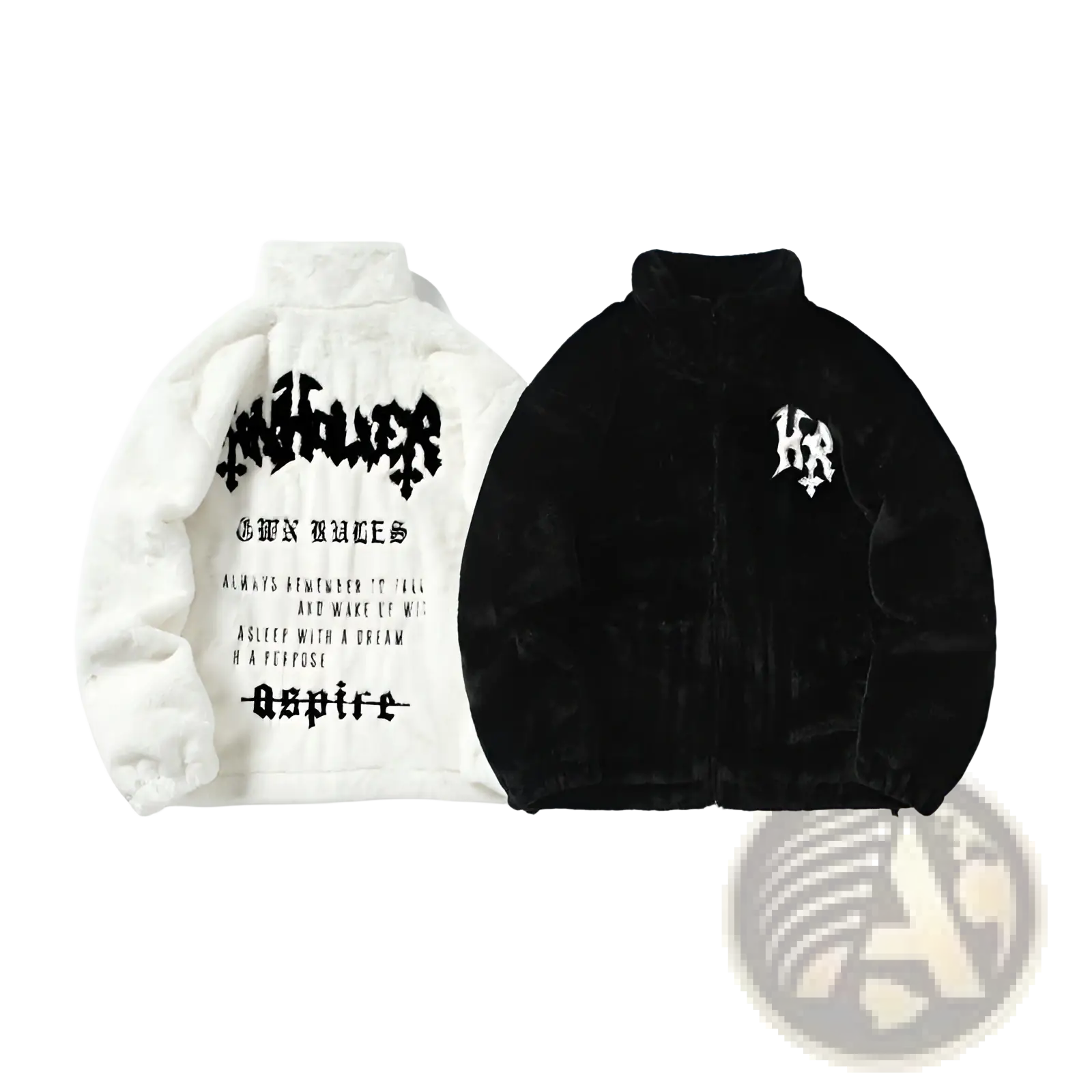 White and black gothic faux fur embroidered velvet puffer jackets with back lettering and chest logo patch