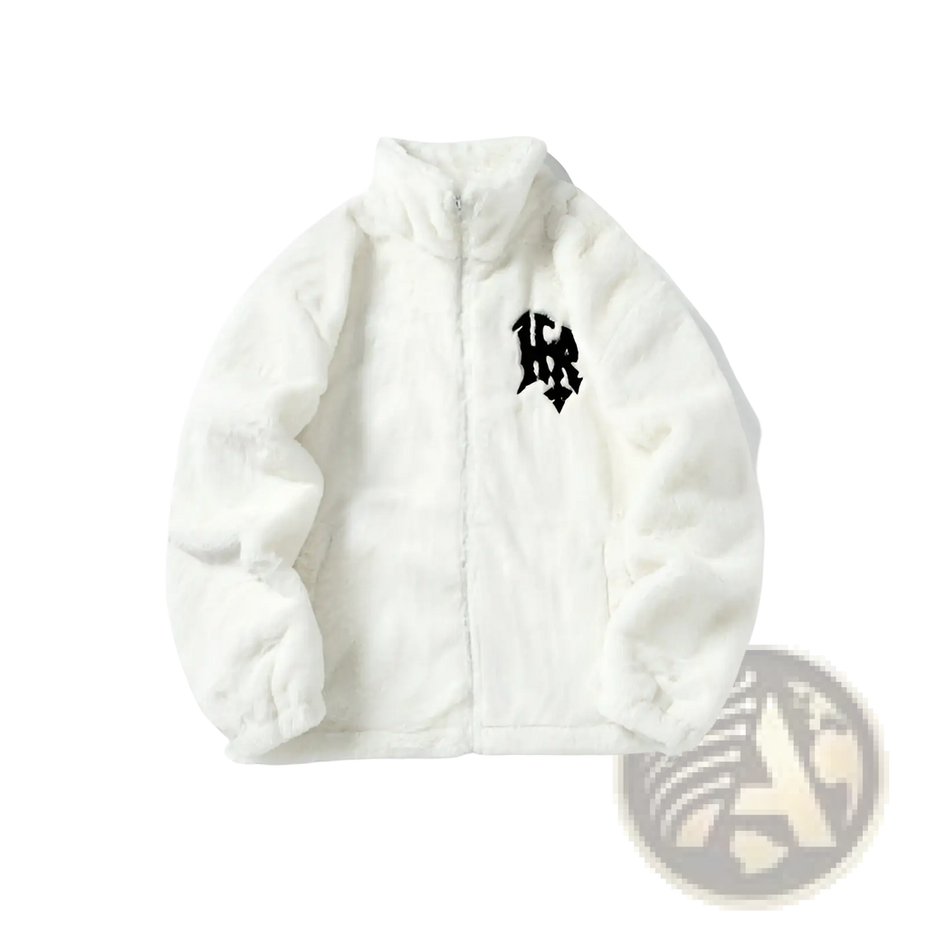 White fluffy zip-up gothic faux fur embroidered velvet coat with black logo on the chest