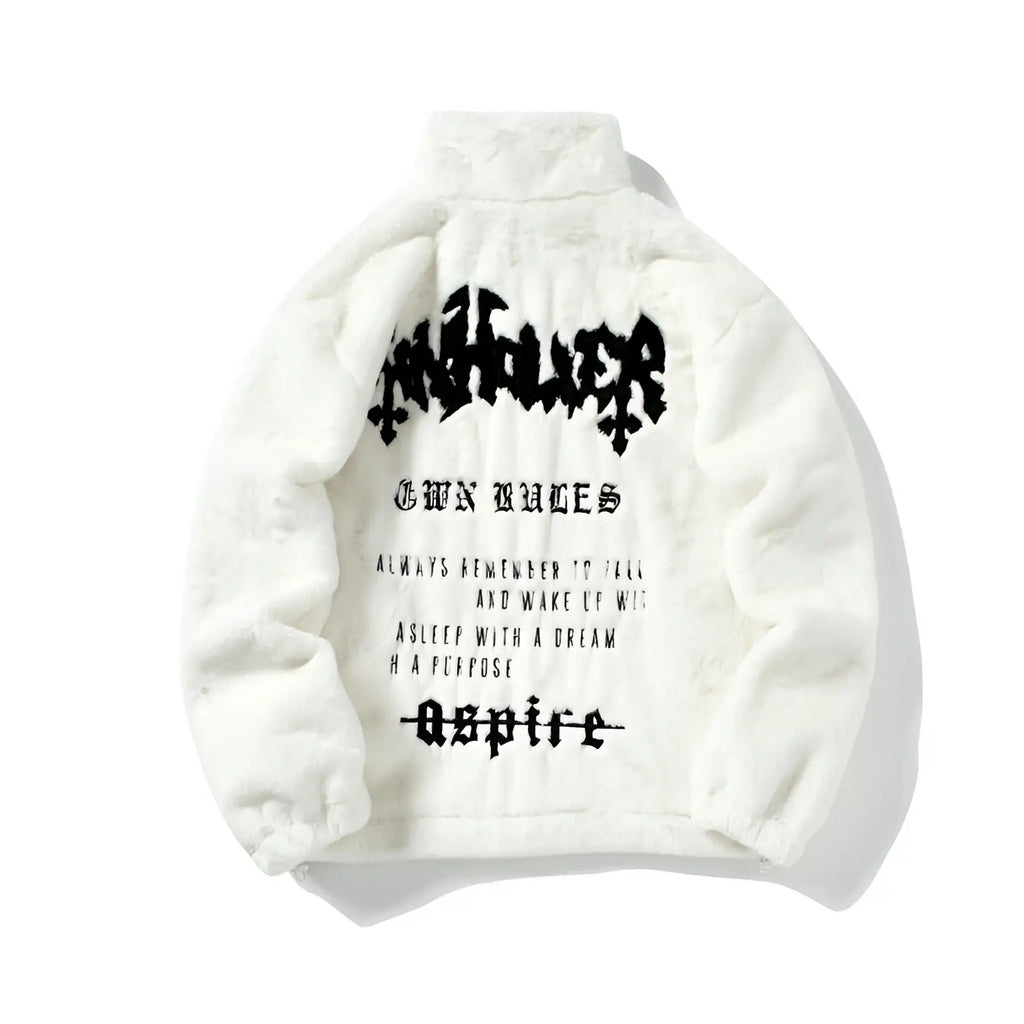 Back view of white fluffy gothic faux fur embroidered velvet coat with black lettering and motivational phrases