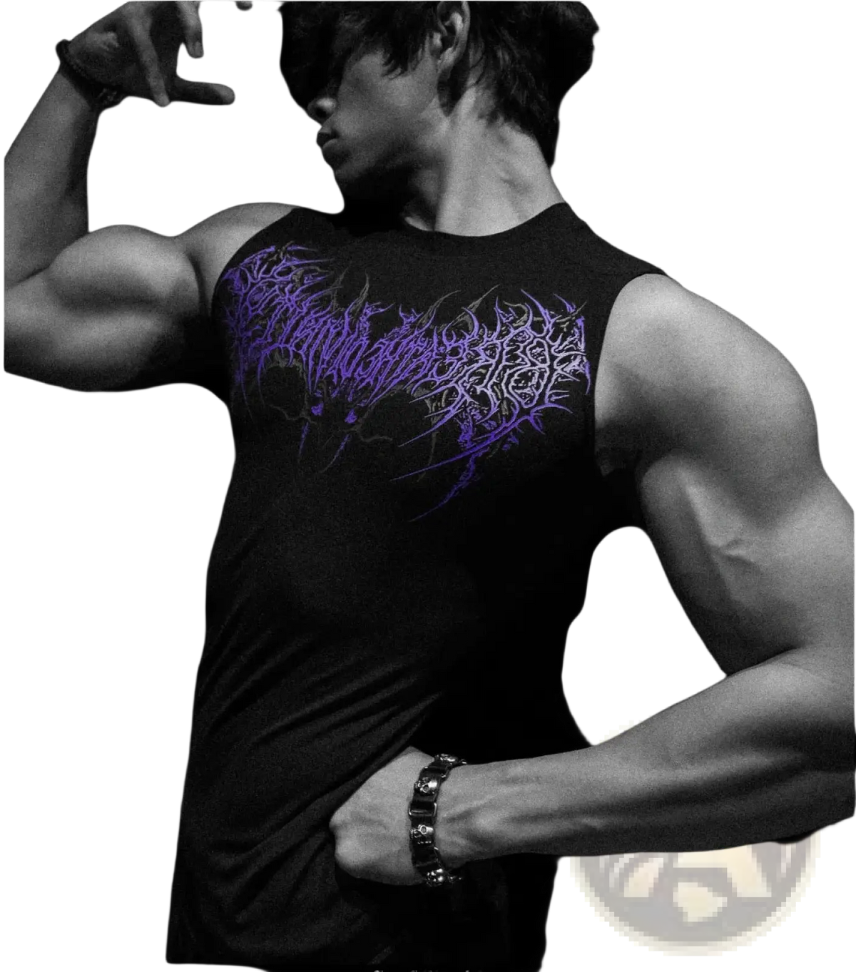 Black sleeveless quick dry sports tank top with intricate purple graffiti-style lettering for gothic fitness use
