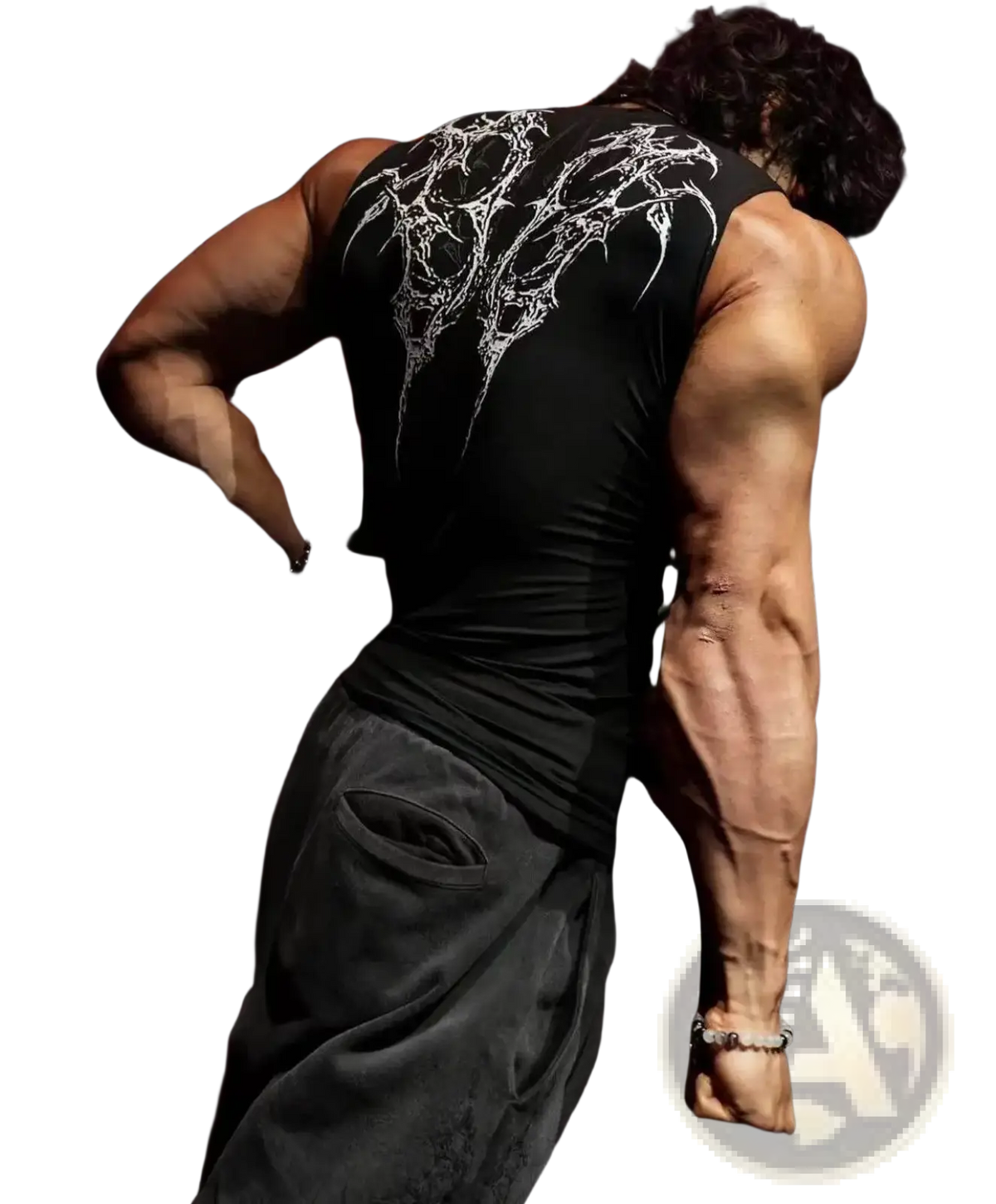 Back view of black gothic fitness tank top with quick dry fabric and intricate white tribal style graphic design