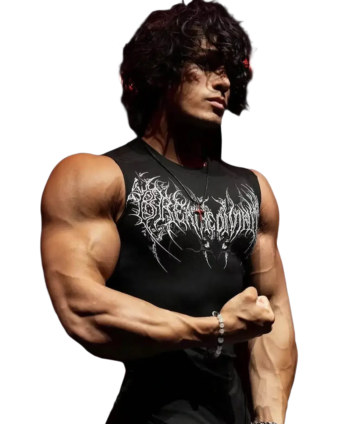 Black quick dry gothic fitness tank top with white gothic lettering and winged design for sports and workouts