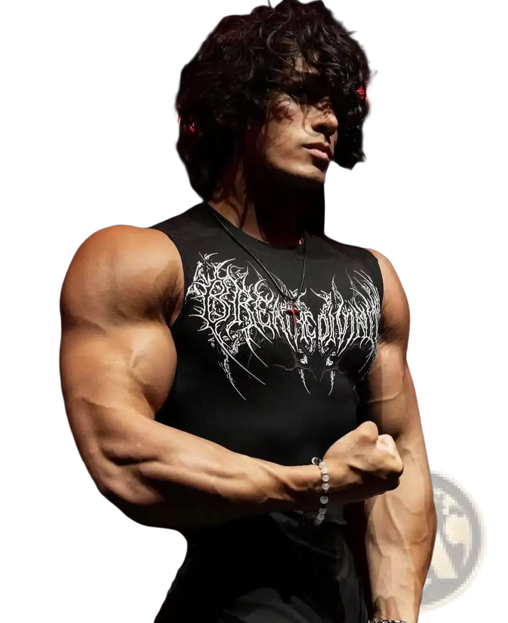 Black sleeveless quick dry gothic fitness tank top with intricate white gothic-style lettering across the chest