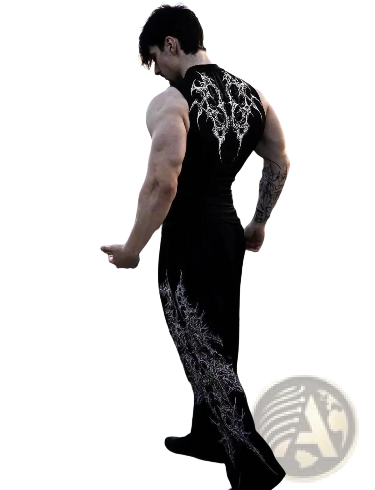 Back of black sleeveless gothic fitness tank top with intricate white embroidery quick dry sports camisole