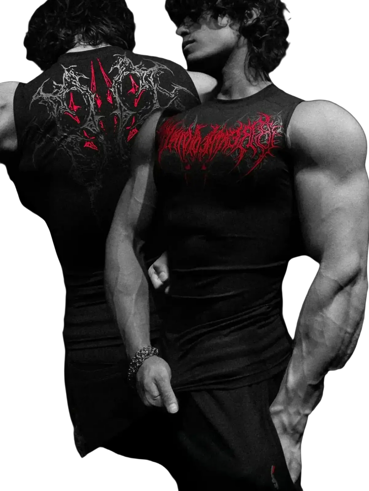 Black sleeveless quick dry gothic fitness tank top with red gothic-style graphic design for active use