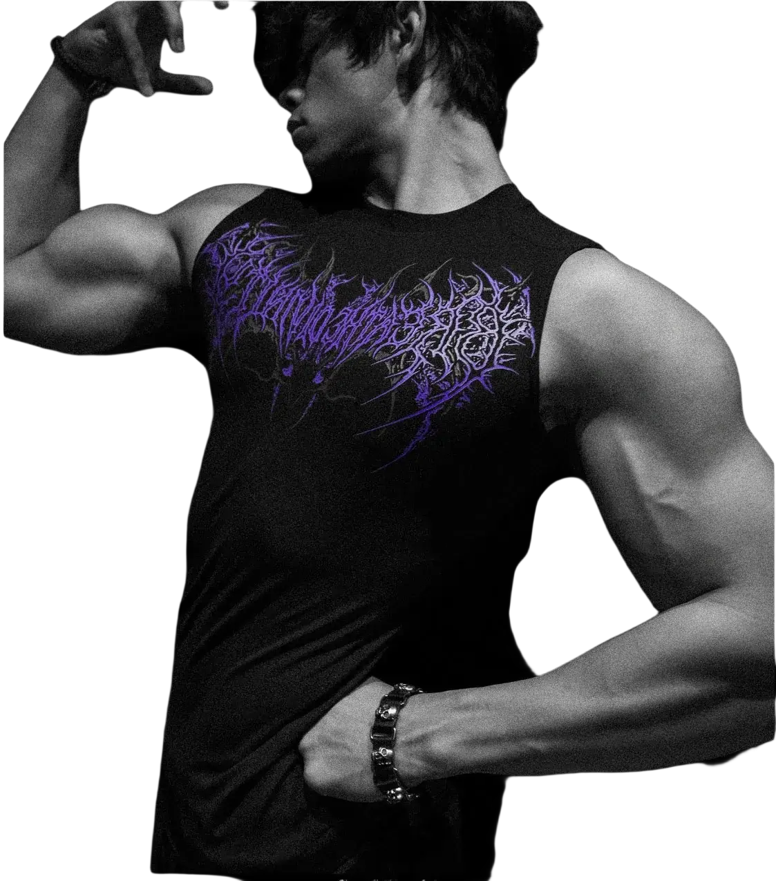 Black sleeveless quick dry sports tank top with intricate purple graffiti-style lettering for gothic fitness use