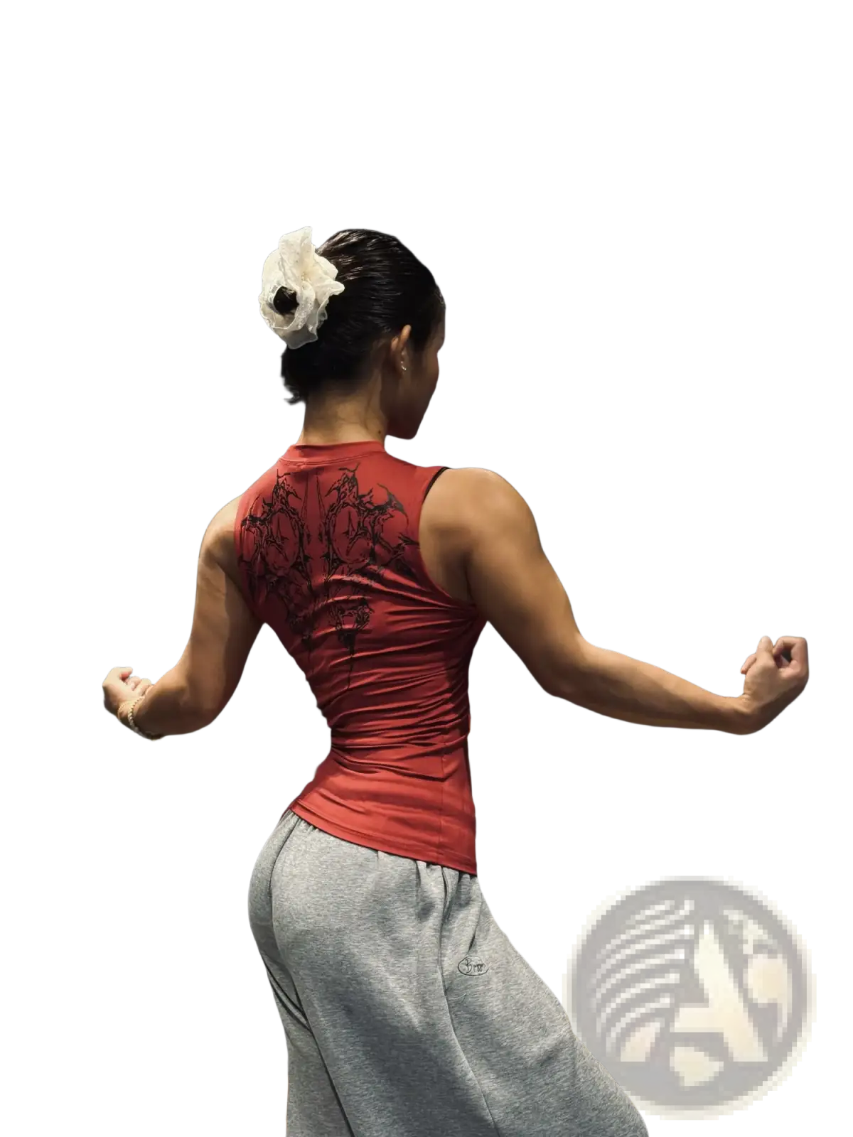 Red sleeveless gothic fitness tank top with black intricate back design quick dry sports camisole shown from back side
